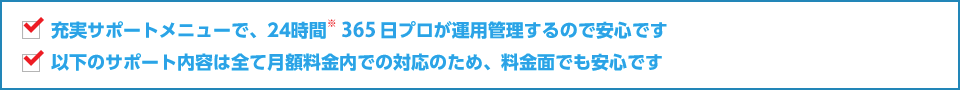 充実サポートメニューで、24時間※365日プロが運用管理するので安心です 以下のサポート内容は全て月額料金内での対応のため、料金面でも安心です